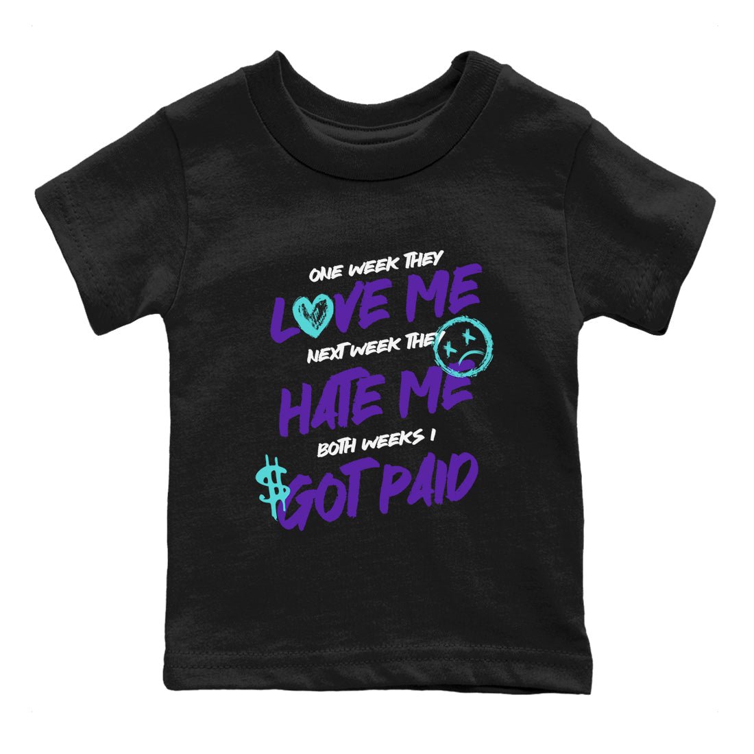 I Got Paid baby and kids t-shirt crafted for little sneakerheads to shine with the Air Jordan 5 Grape sneakers, displayed in Black 2.