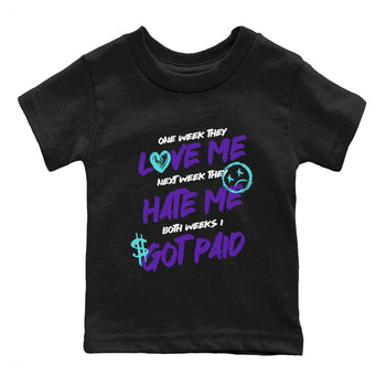 I Got Paid baby and kids t-shirt crafted for little sneakerheads to shine with the Air Jordan 5 Grape sneakers, displayed in Black 2.