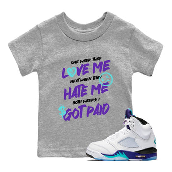 I Got Paid baby and kids t-shirt crafted for little sneakerheads to shine with the Air Jordan 5 Grape sneakers, displayed in Heather Grey 1.