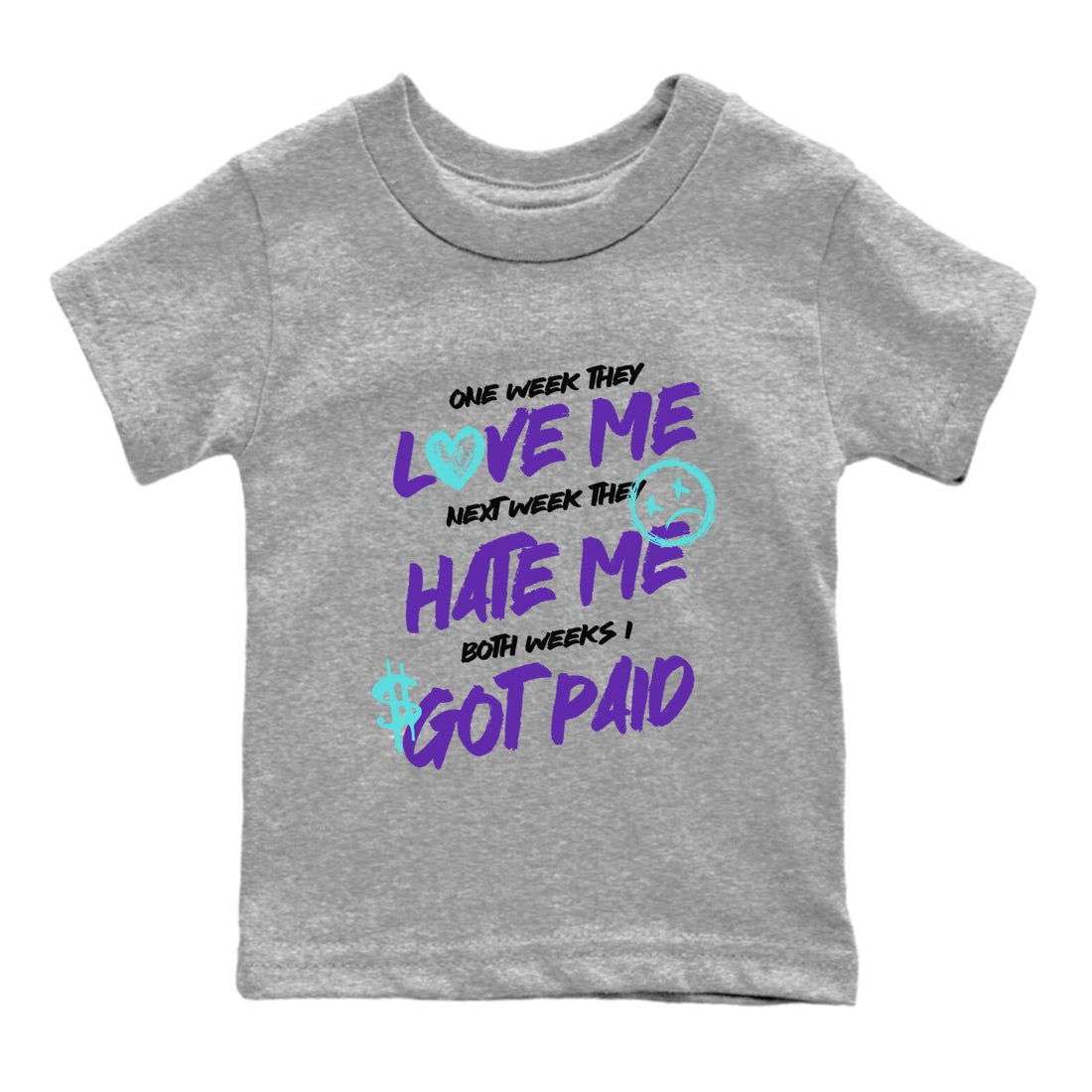 I Got Paid baby and kids t-shirt crafted for little sneakerheads to shine with the Air Jordan 5 Grape sneakers, displayed in Heather Grey 2.