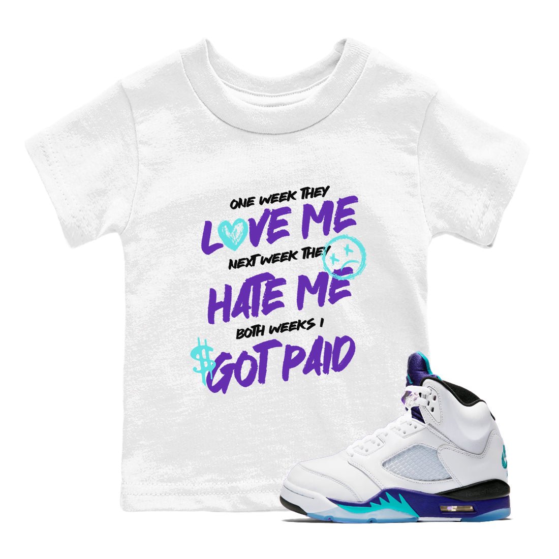I Got Paid baby and kids t-shirt crafted for little sneakerheads to shine with the Air Jordan 5 Grape sneakers, displayed in White 1.