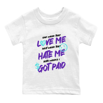 I Got Paid baby and kids t-shirt crafted for little sneakerheads to shine with the Air Jordan 5 Grape sneakers, displayed in White 2.