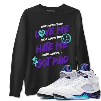 I Got Paid sneaker match t-shirt styled to complete your fit with the Air Jordan 5 Grape sneakers, shown in Black 1.