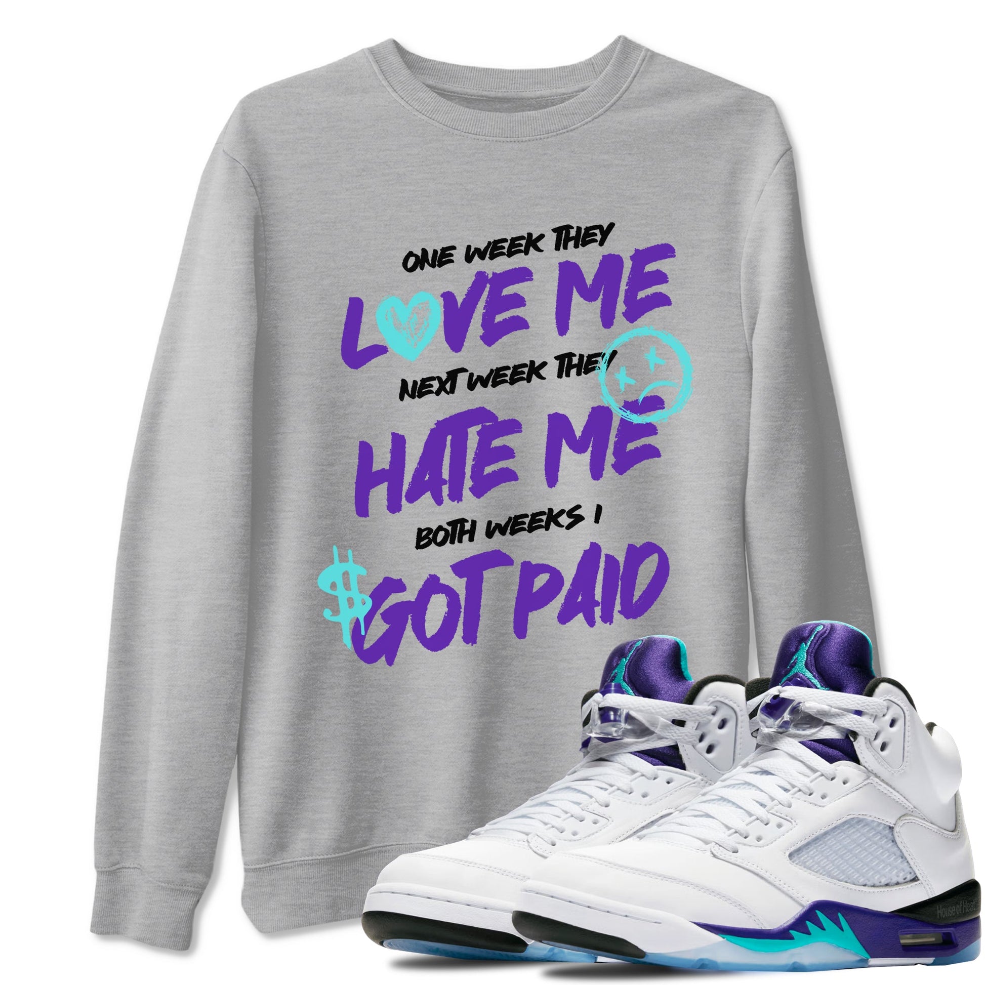 I Got Paid sneaker match t-shirt styled to complete your fit with the Air Jordan 5 Grape sneakers, shown in Heather Grey 1.