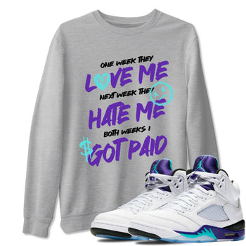 I Got Paid sneaker match t-shirt styled to complete your fit with the Air Jordan 5 Grape sneakers, shown in Heather Grey 1.