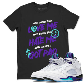 I Got Paid sneaker match t-shirt styled to complete your fit with the Air Jordan 5 Grape sneakers, shown in Black 1.
