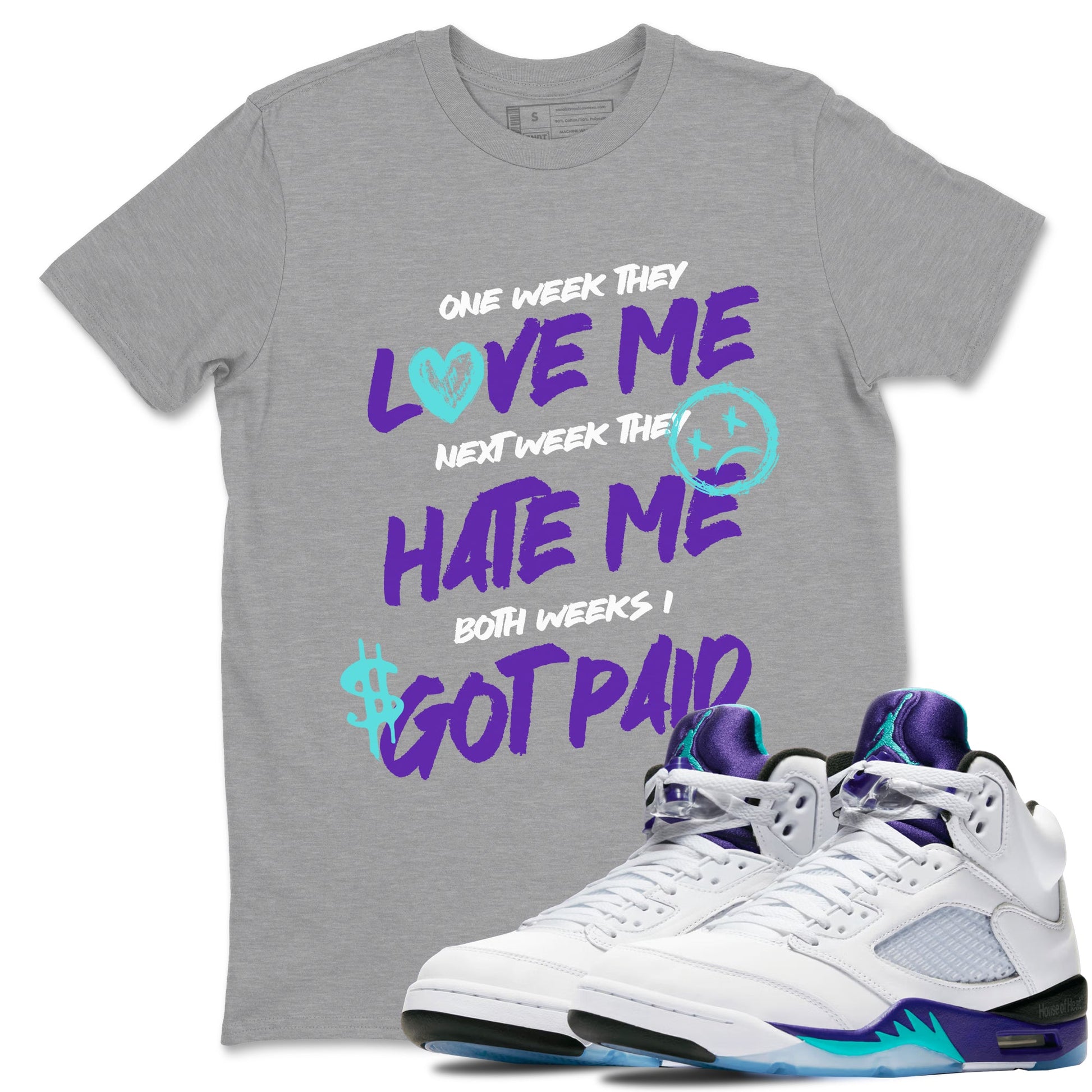 I Got Paid sneaker match t-shirt styled to complete your fit with the Air Jordan 5 Grape sneakers, shown in Heather Grey 1.