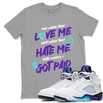 I Got Paid sneaker match t-shirt styled to complete your fit with the Air Jordan 5 Grape sneakers, shown in Heather Grey 1.