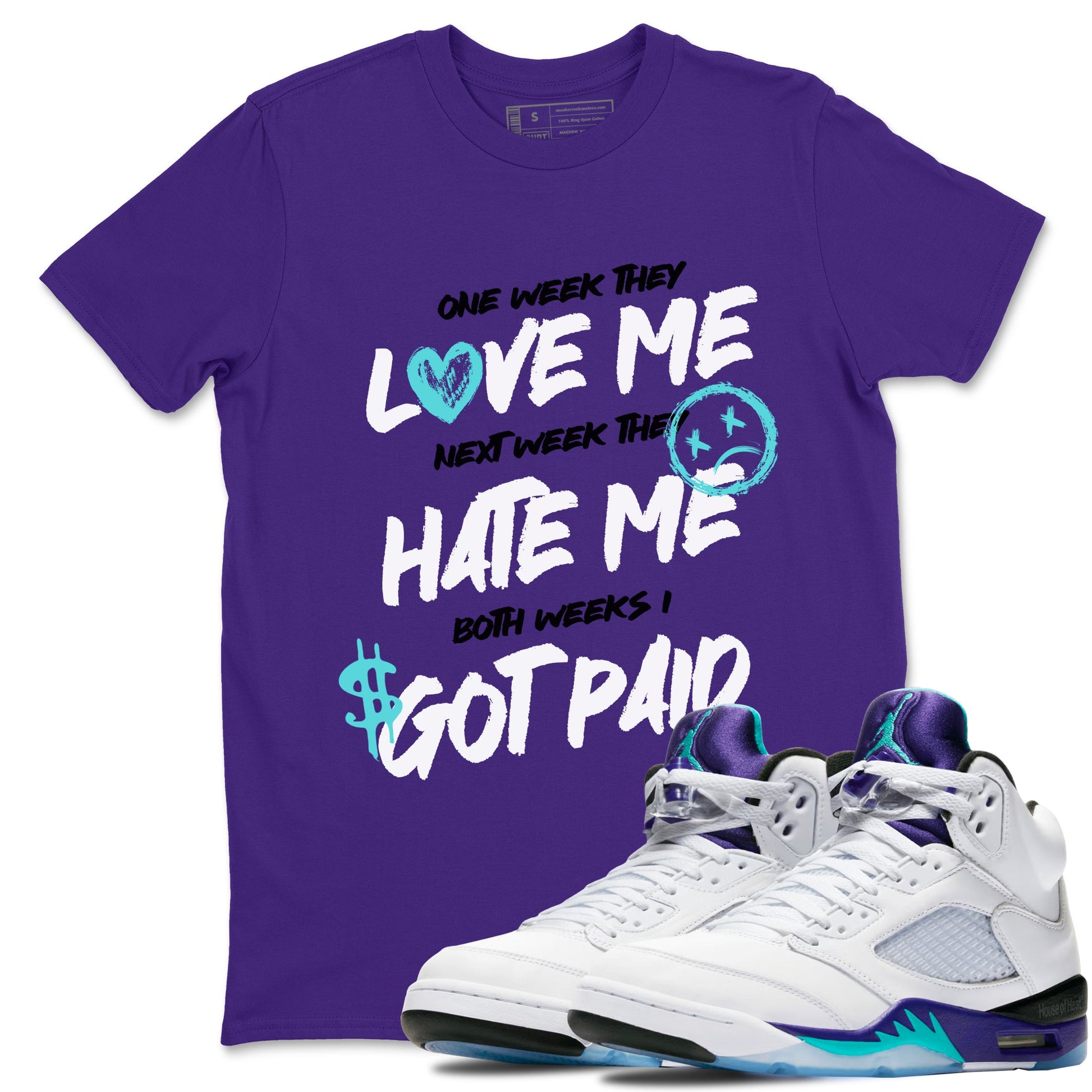I Got Paid sneaker match t-shirt styled to complete your fit with the Air Jordan 5 Grape sneakers, shown in Purple 1.