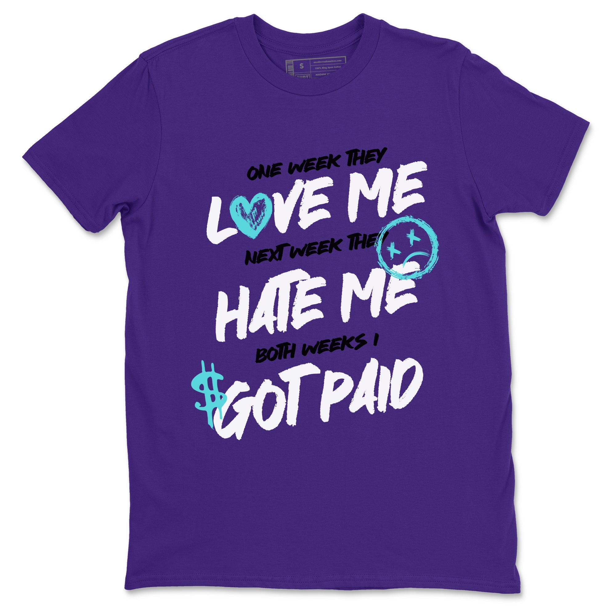 I Got Paid sneaker match t-shirt styled to complete your fit with the Air Jordan 5 Grape sneakers, shown in Purple 2.