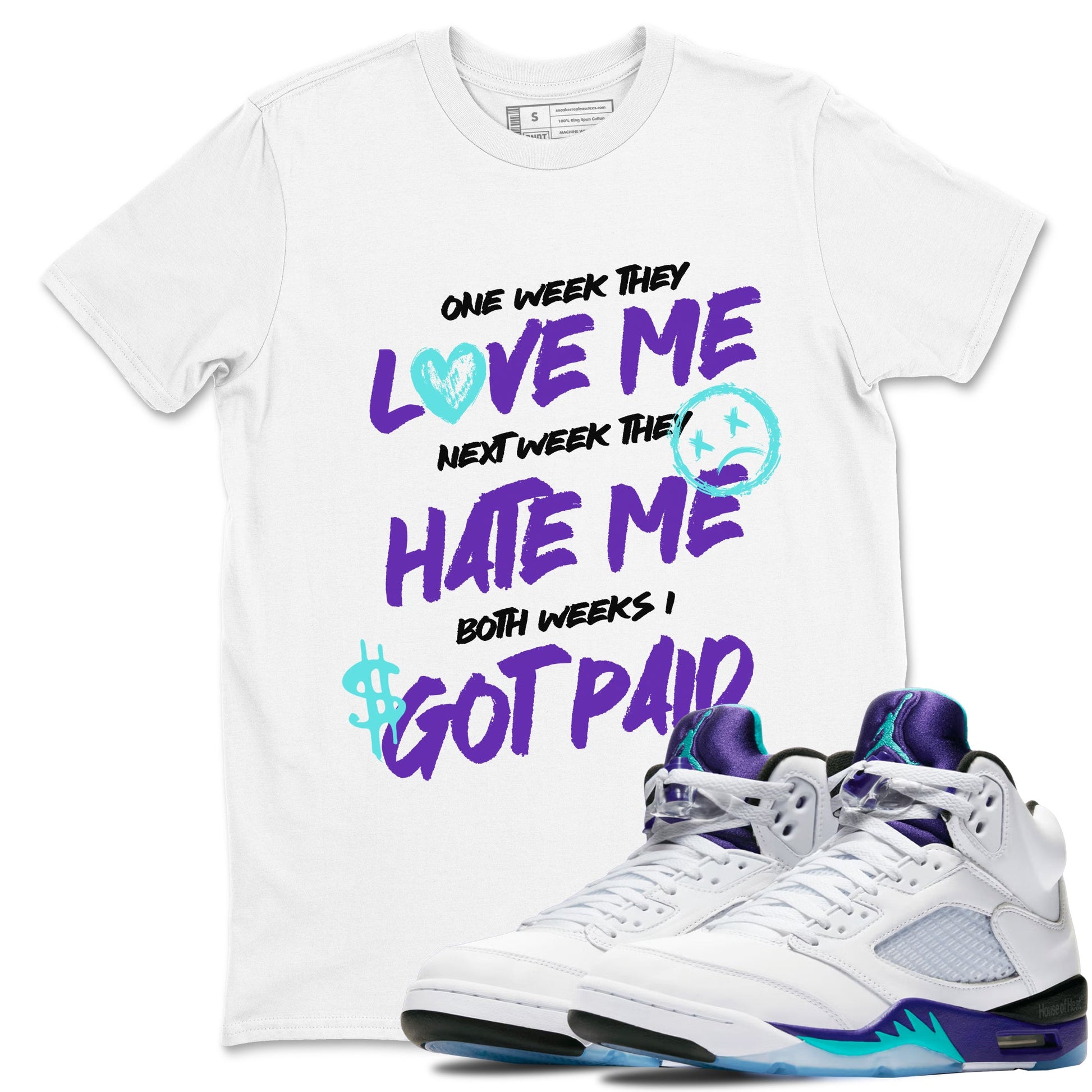 I Got Paid sneaker match t-shirt styled to complete your fit with the Air Jordan 5 Grape sneakers, shown in White 1.