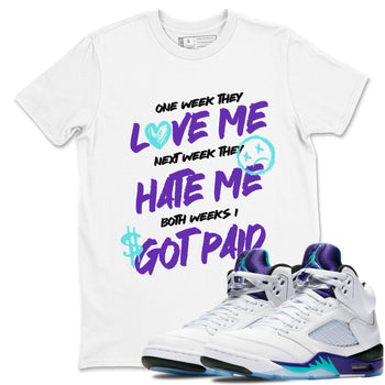 I Got Paid sneaker match t-shirt styled to complete your fit with the Air Jordan 5 Grape sneakers, shown in White 1.