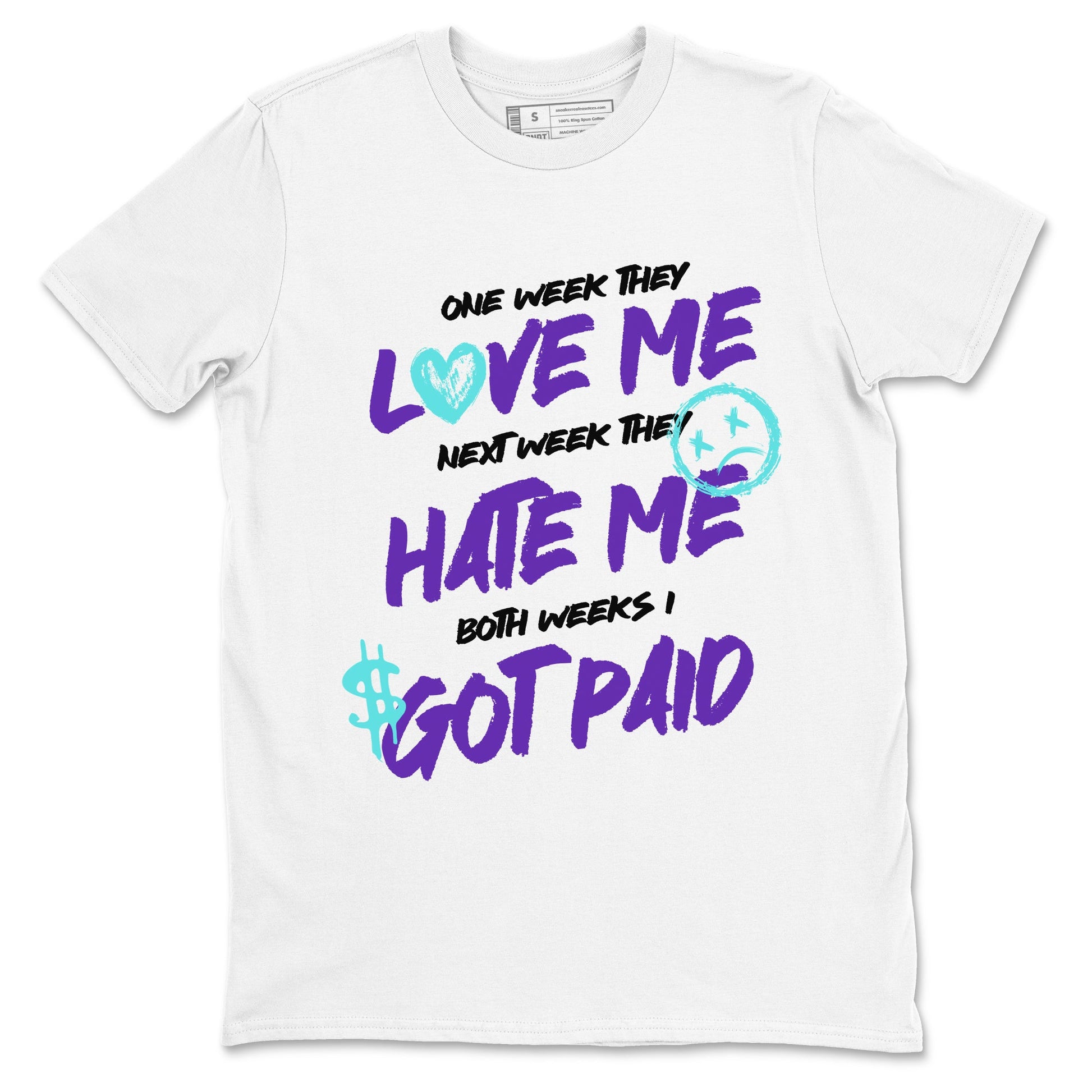 I Got Paid sneaker match t-shirt styled to complete your fit with the Air Jordan 5 Grape sneakers, shown in White 2.