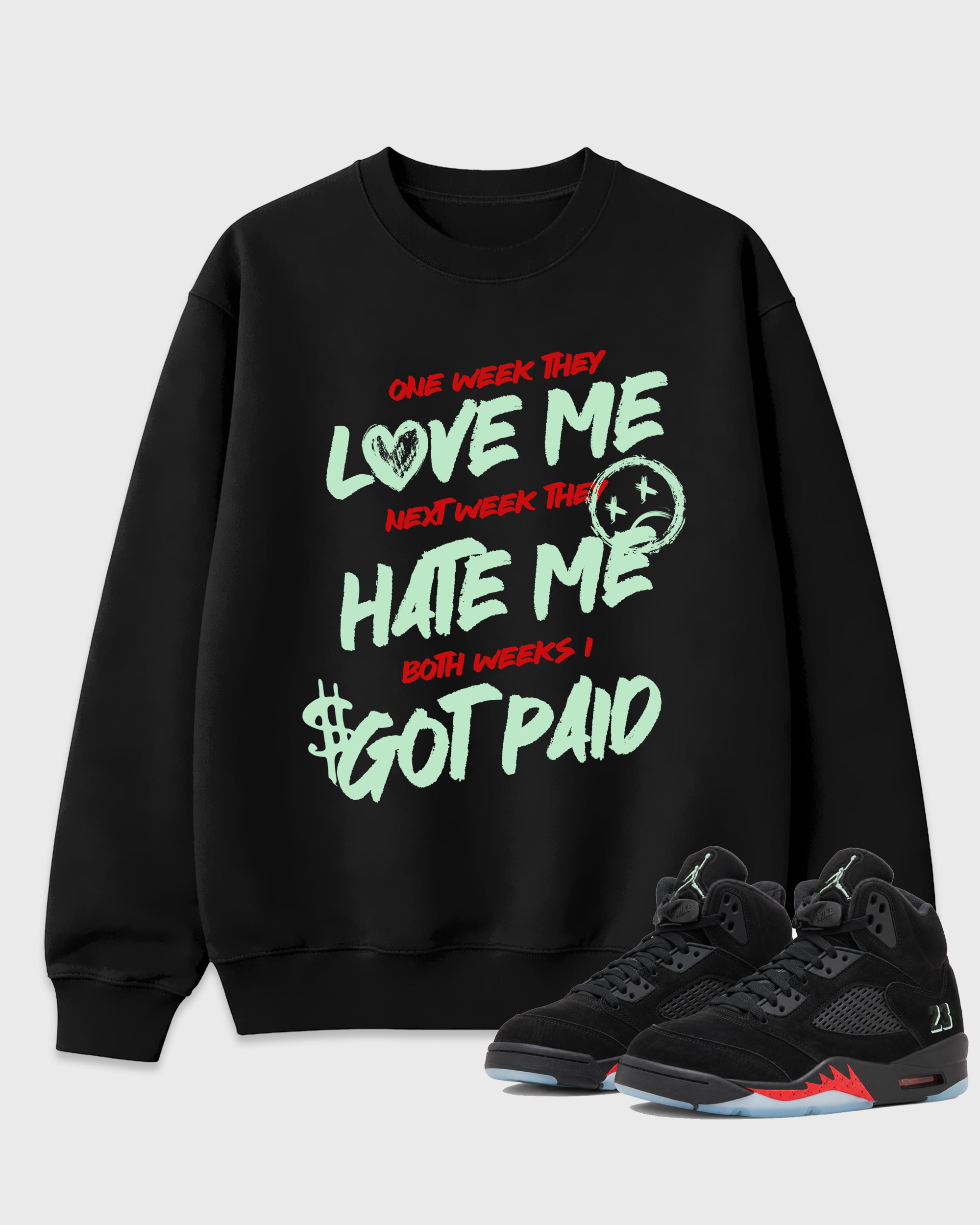 I Got Paid Graphic T-Shirt featuring original streetwear artwork designed to match the Air Jordan 5 Halloween. Black 1 Graphic Tee.