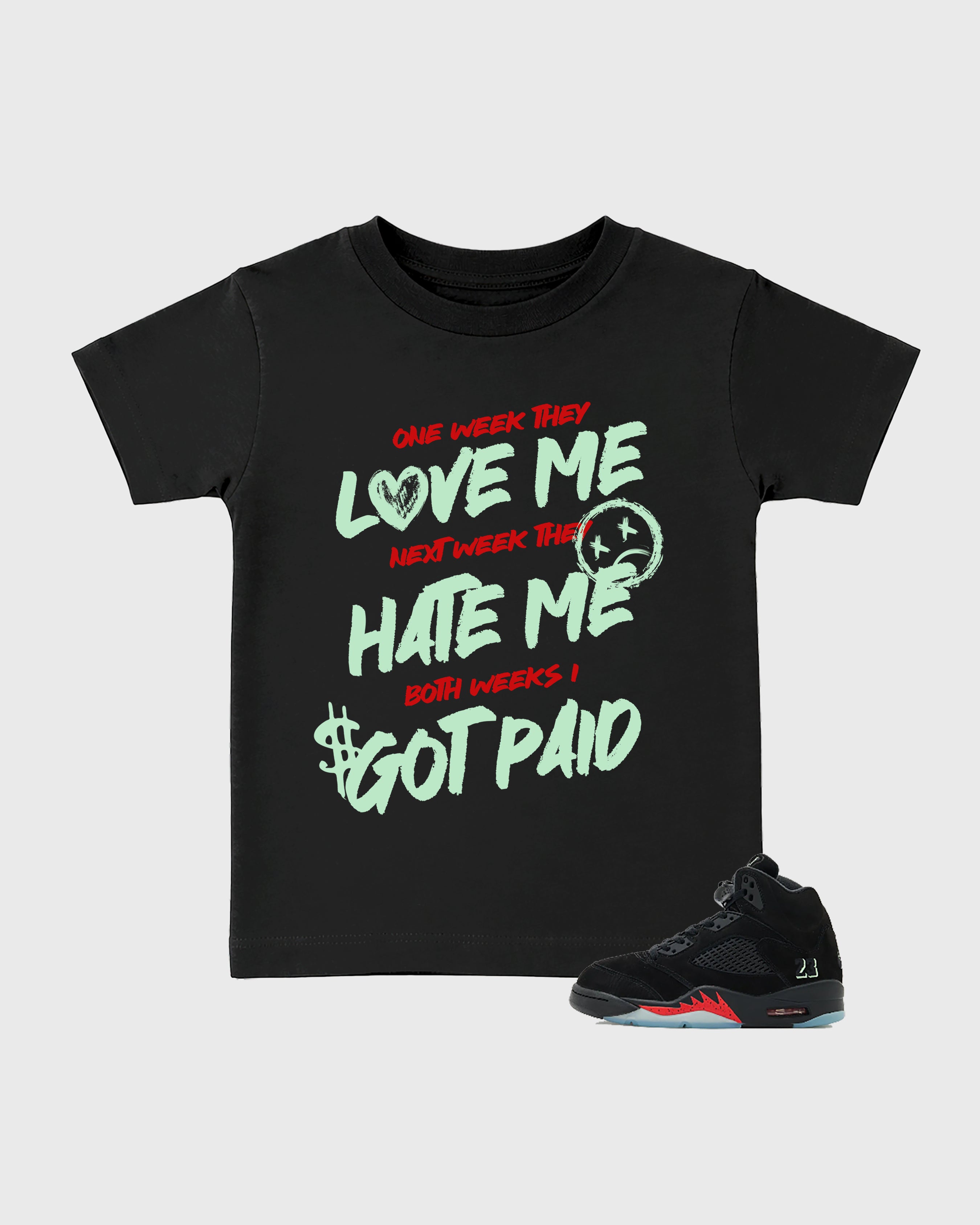 I Got Paid Baby & Kids Graphic T-Shirt featuring original artwork designed to match the Air Jordan 5 Halloween. Black 1 Kids Graphic Tee.