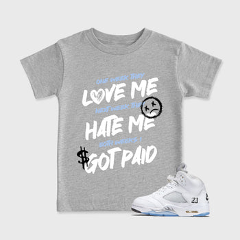 Sneaker match tees – Sneaker Tees To Match Air Jordan 5 White Metallic Shoes – I Got Paid Kids T-Shirt Heather Grey 1