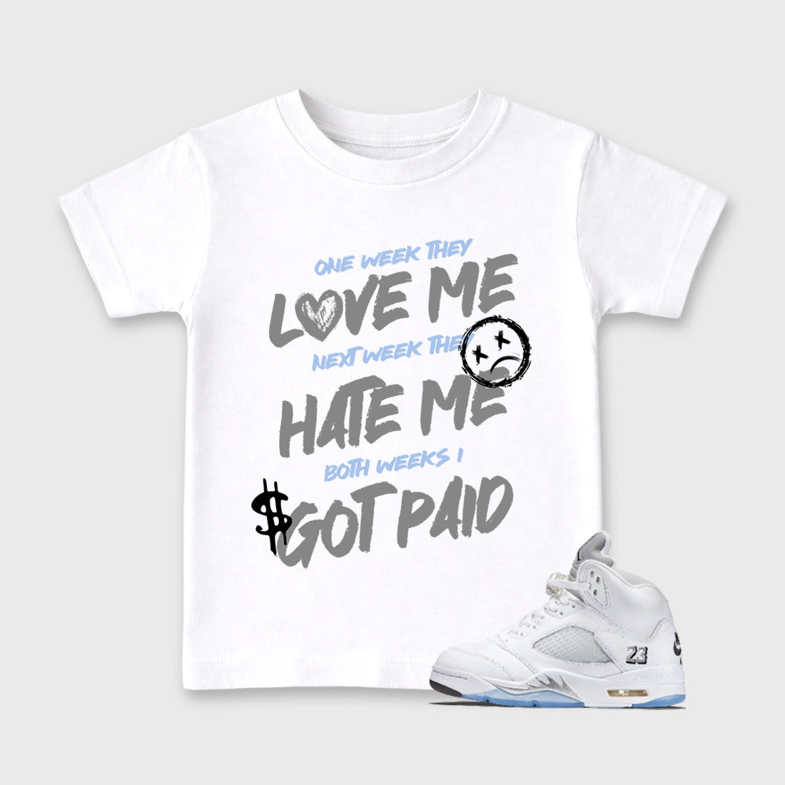 Sneaker match tees – Sneaker Tees To Match Air Jordan 5 White Metallic Shoes – I Got Paid Kids T-Shirt White 1