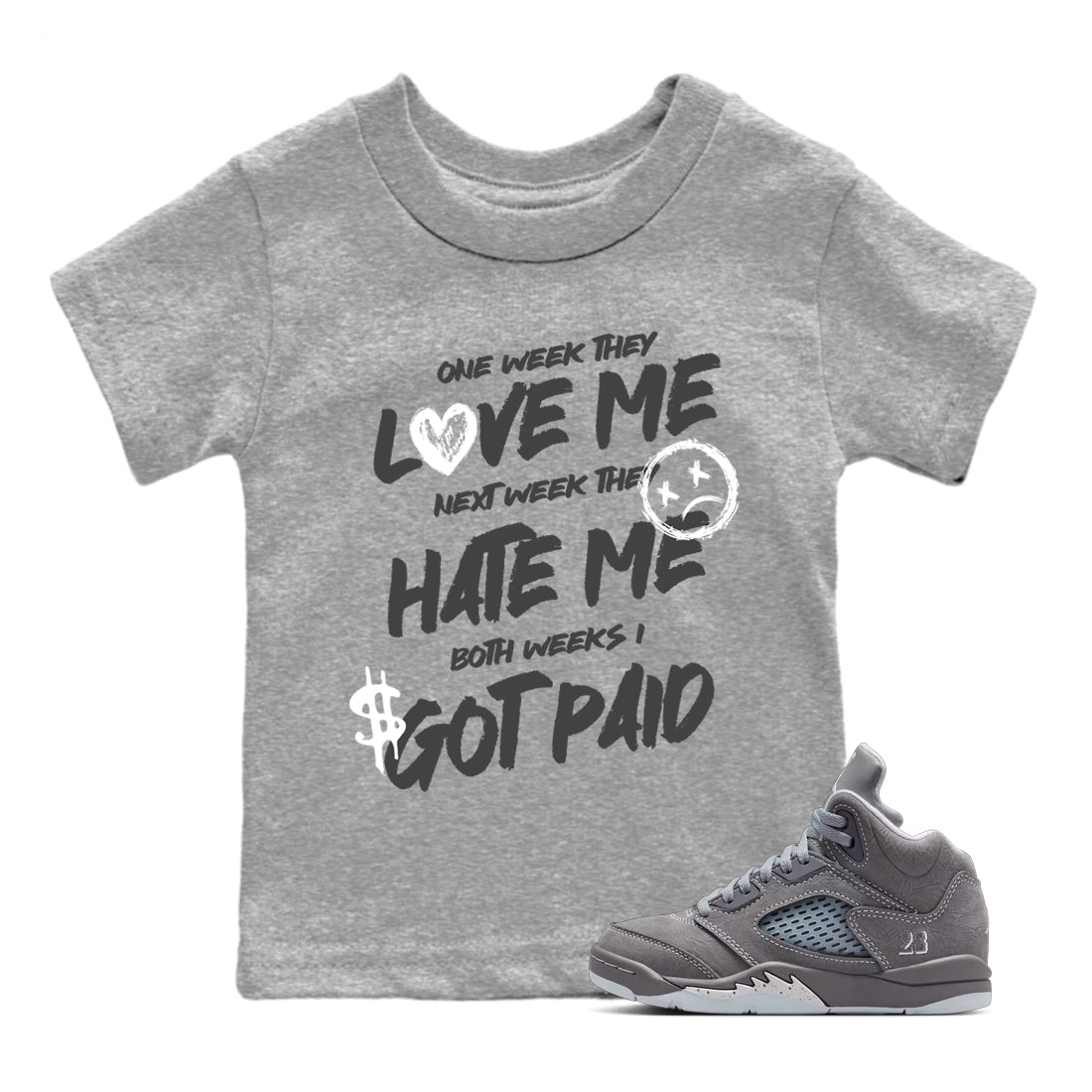 Sneakerfit for Sneakerheads – Sneaker Tees To Match Air Jordan 5 Wolf Grey Sneakers – I Got Paid Kids T-Shirt Heather Grey 1