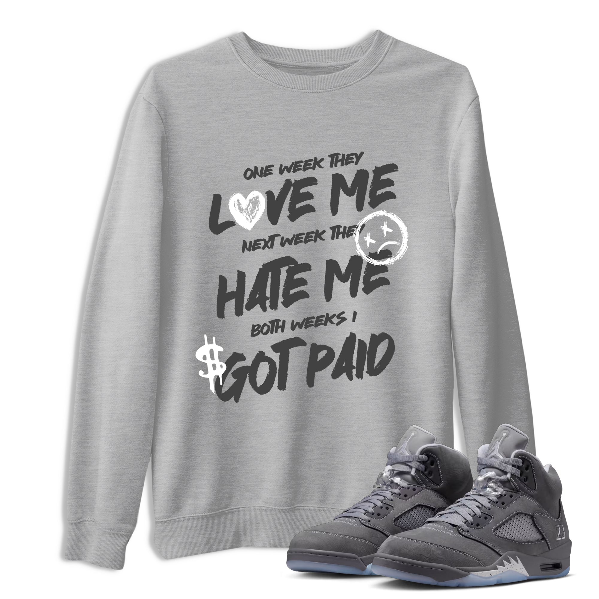 Sneakerfit for Sneakerheads – Sneaker Tees To Match Air Jordan 5 Wolf Grey Sneakers – I Got Paid Tee Heather Grey 1