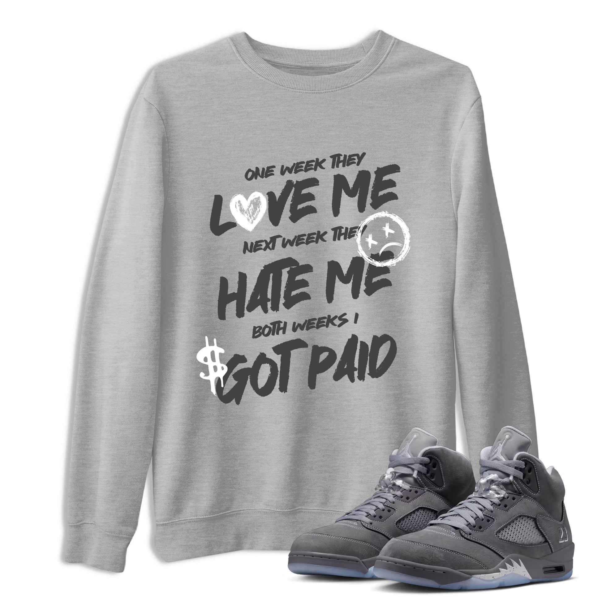 Sneakerfit for Sneakerheads – Sneaker Tees To Match Air Jordan 5 Wolf Grey Sneakers – I Got Paid Tee Heather Grey 1