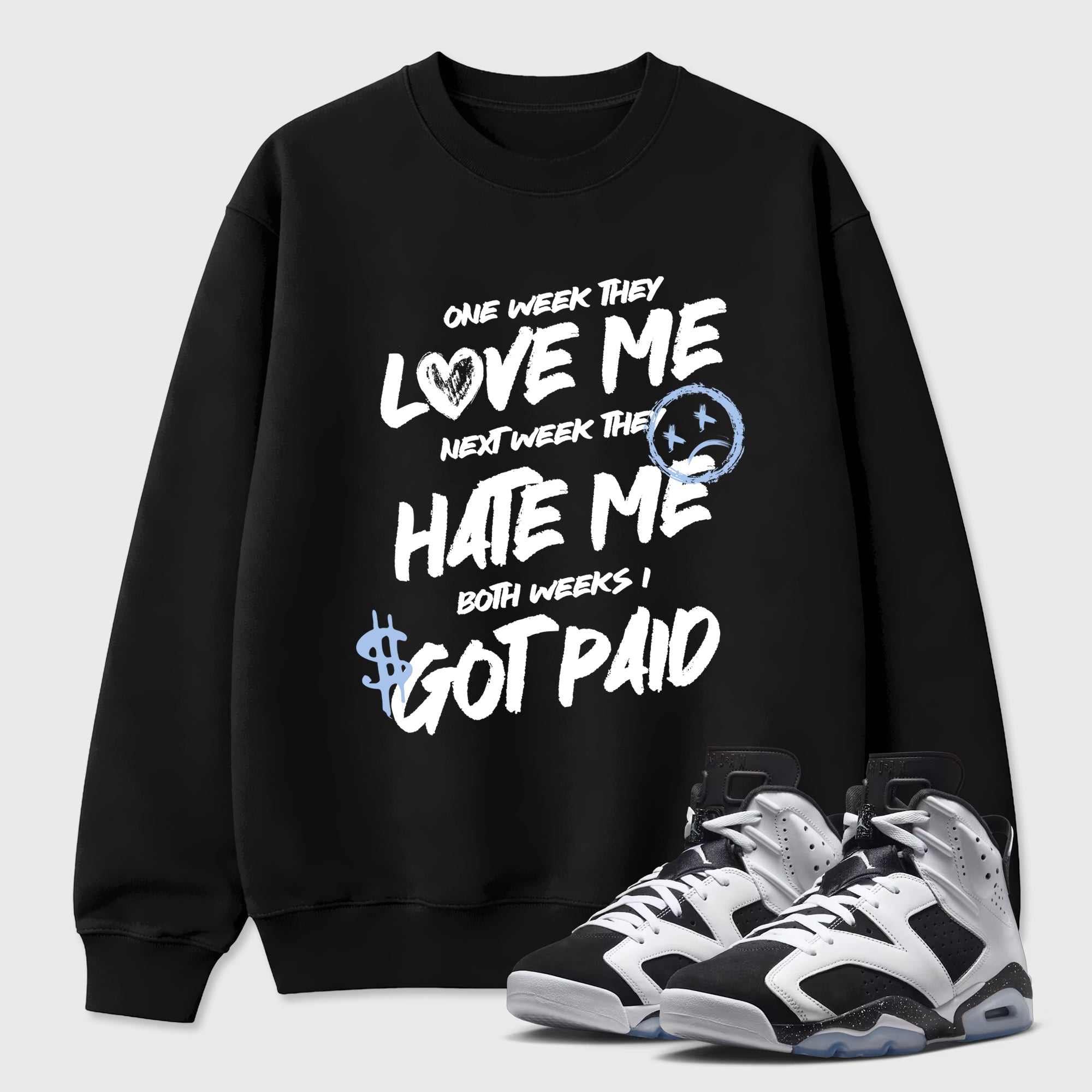 I Got Paid Graphic T-Shirt featuring original streetwear artwork designed to match the Air Jordan 6 Black and White. Black 1 Graphic Tee.