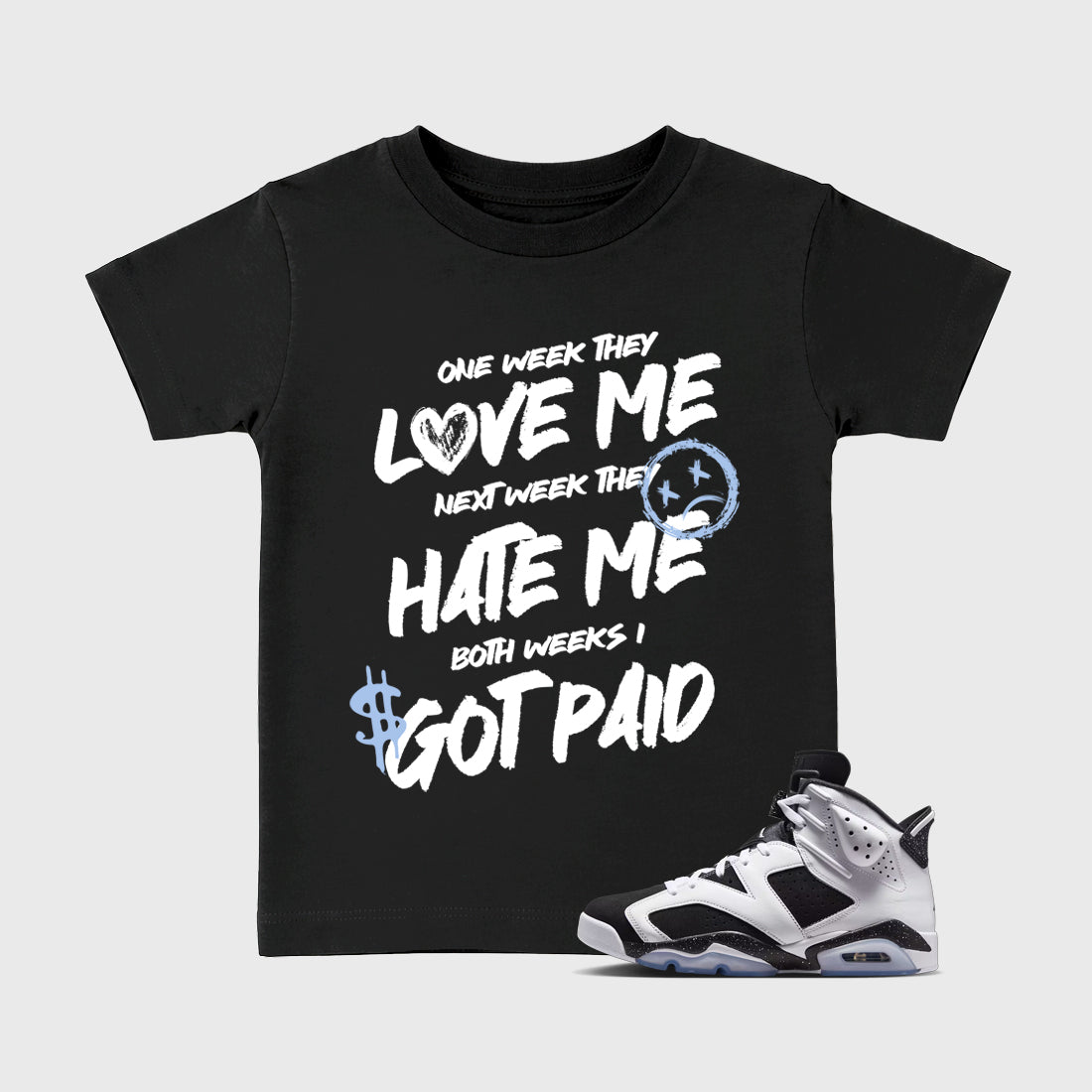 I Got Paid Baby & Kids Graphic T-Shirt featuring original artwork designed to match the Air Jordan 6 Black and White. Black 1 Kids Graphic Tee.