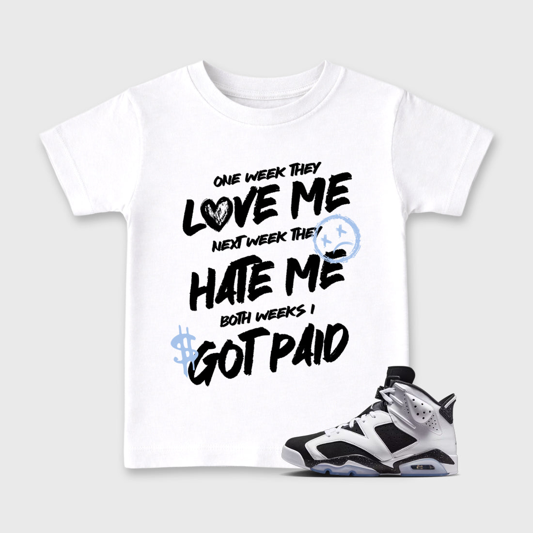 I Got Paid Baby & Kids Graphic T-Shirt featuring original artwork designed to match the Air Jordan 6 Black and White. White 1 Kids Graphic Tee.