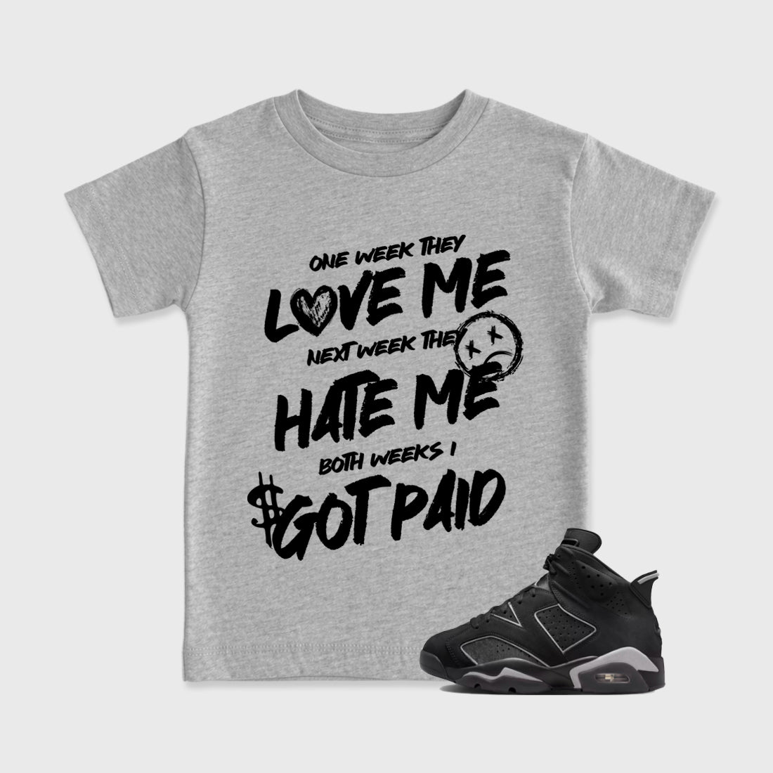 Sneaker match tees – Sneaker Tees To Match Air Jordan 6 Cap and Gown Shoes – I Got Paid Kids T-Shirt Heather Grey 1