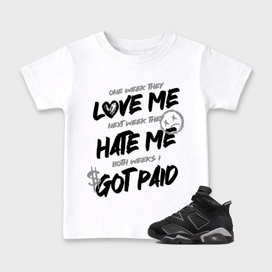 Sneaker match tees – Sneaker Tees To Match Air Jordan 6 Cap and Gown Shoes – I Got Paid Kids T-Shirt White 1