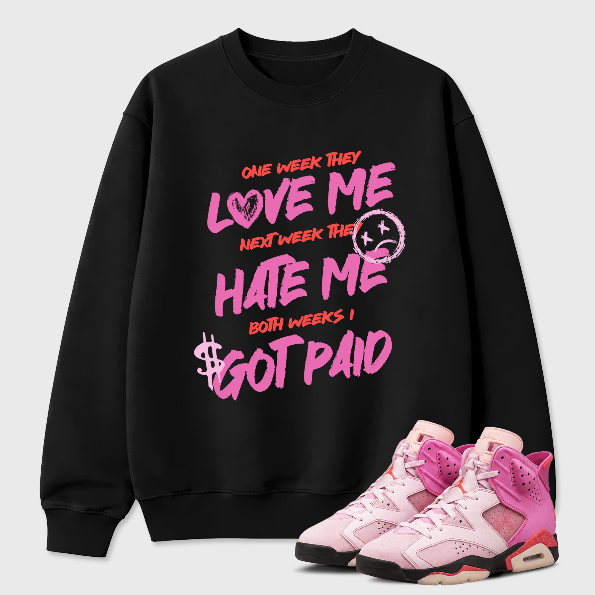 I Got Paid Graphic T-Shirt featuring original streetwear artwork designed to match the Air Jordan 6 Playful Pink. Black 1 Graphic Tee.