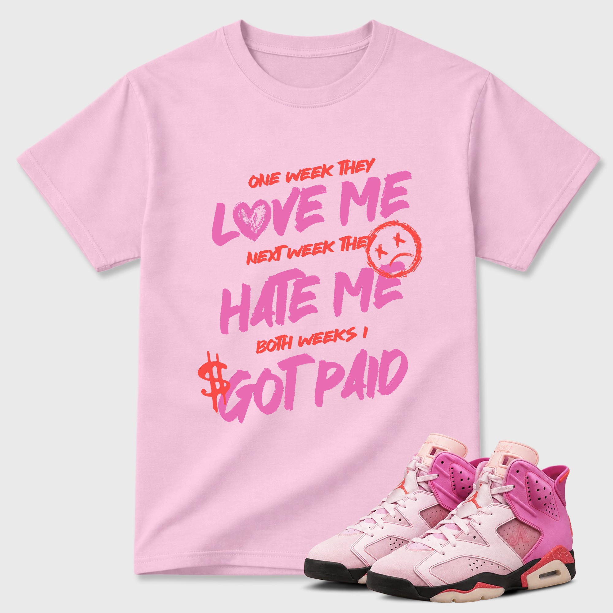 I Got Paid Graphic T-Shirt featuring original streetwear artwork designed to match the Air Jordan 6 Playful Pink. Pink 1 Graphic T-Shirt.