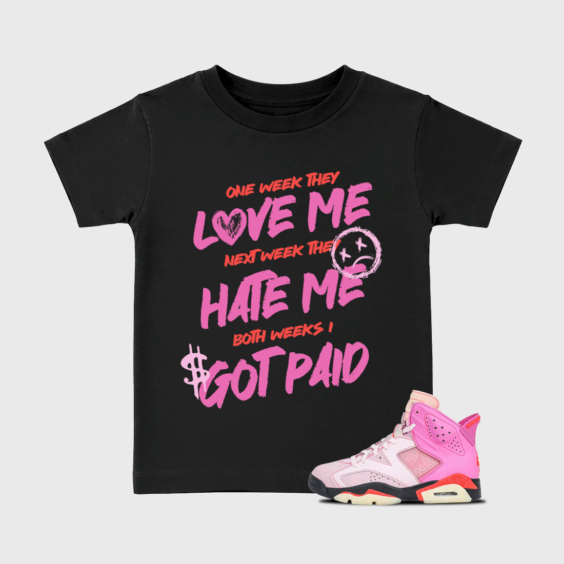 I Got Paid Baby & Kids Graphic T-Shirt featuring original artwork designed to match the Air Jordan 6 Playful Pink. Black 1 Kids Graphic Tee.