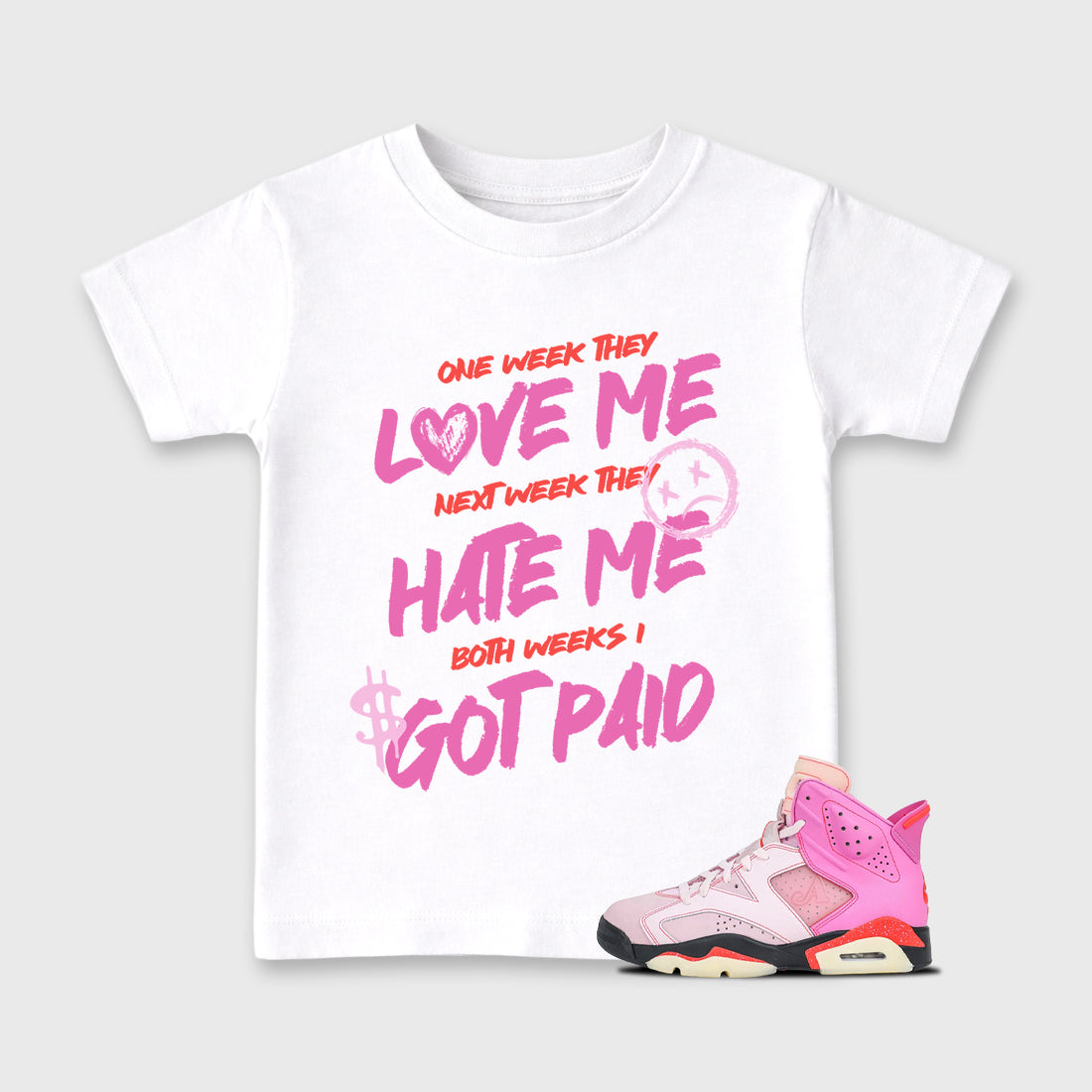 I Got Paid Baby & Kids Graphic T-Shirt featuring original artwork designed to match the Air Jordan 6 Playful Pink. White 1 Kids Graphic Tee.