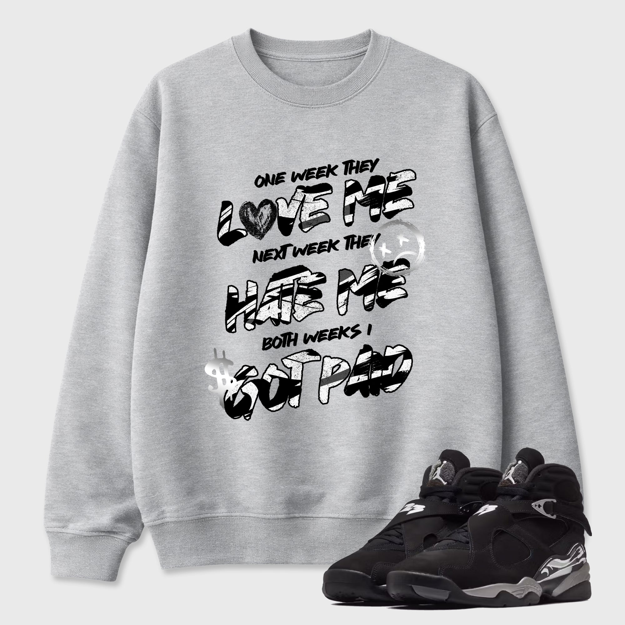 I Got Paid Graphic T-Shirt featuring original streetwear artwork designed to match the Air Jordan 8 Chrome. Heather Grey 1 Graphic Tee.