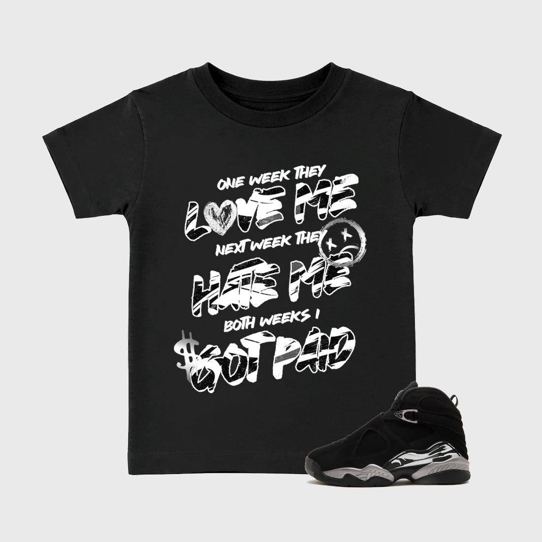 I Got Paid Baby & Kids Graphic T-Shirt featuring original artwork designed to match the Air Jordan 8 Chrome. Black 1 Kids Graphic Tee.