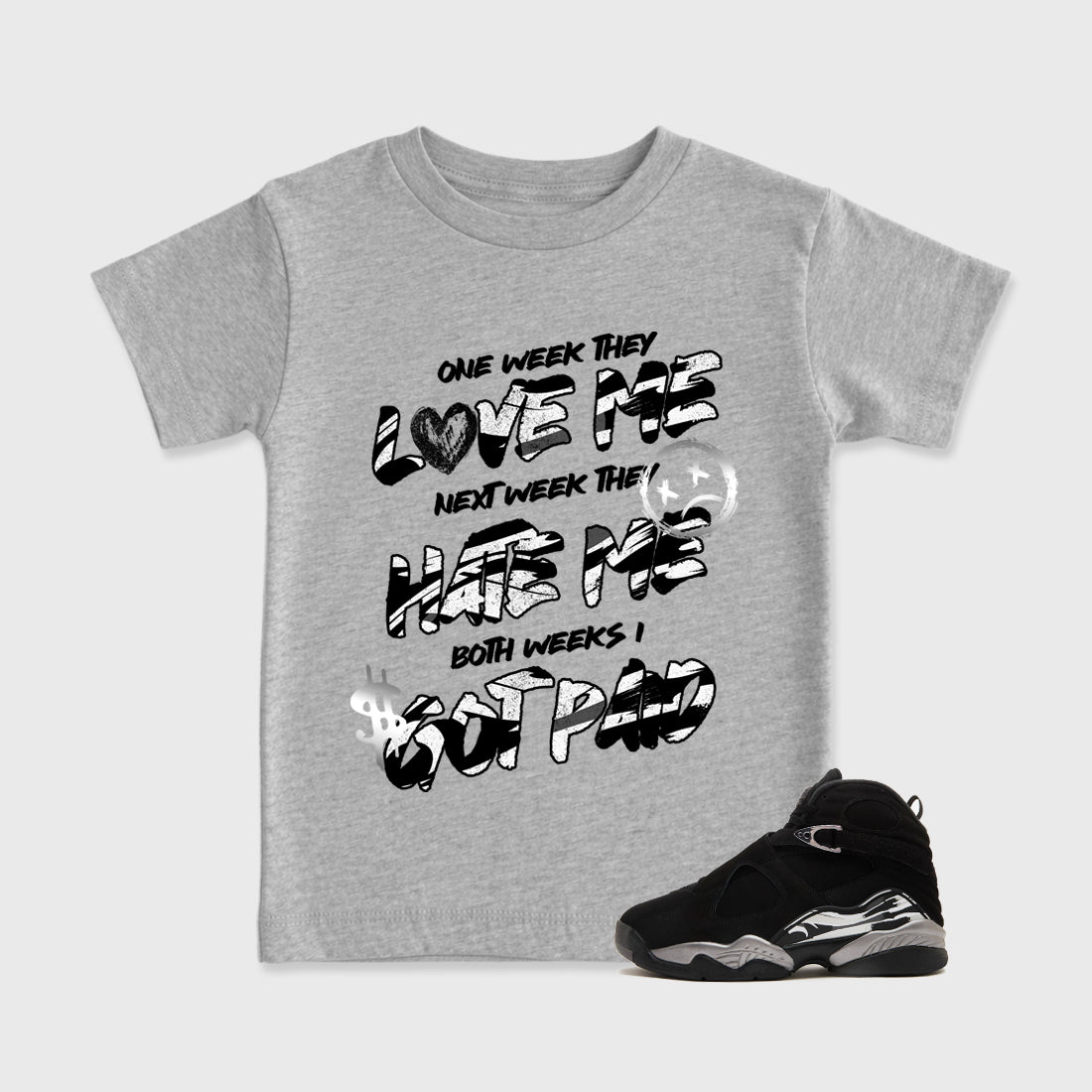 I Got Paid Baby & Kids Graphic T-Shirt featuring original artwork designed to match the Air Jordan 8 Chrome. Heather Grey 1 Kids Graphic Tee.