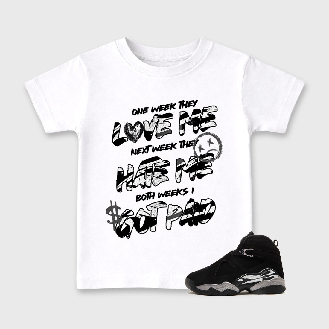 I Got Paid Baby & Kids Graphic T-Shirt featuring original artwork designed to match the Air Jordan 8 Chrome. White 1 Kids Graphic Tee.