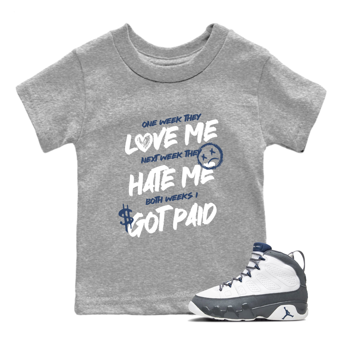 Perfect Valentine's Day Gifts graphic tee  – Sneaker Tees To Match Air Jordan 9 Flint Grey – I Got Paid Kids Graphic T-Shirt Heather Grey 1
