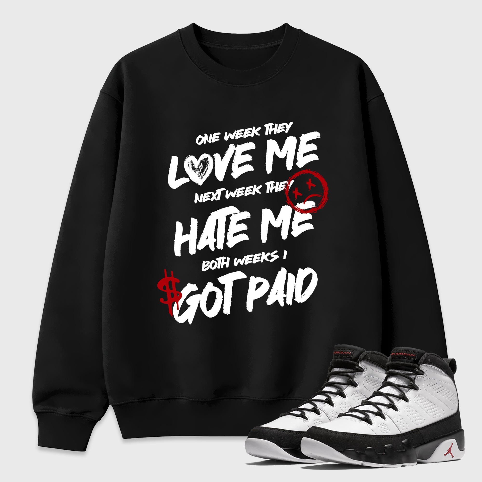 I Got Paid Graphic T-Shirt featuring original streetwear artwork designed to match the Air Jordan 9 True Red. Black 1 Graphic Tee.