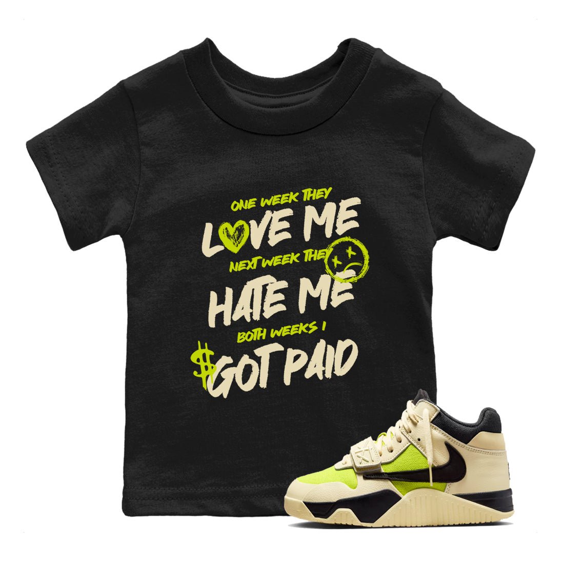 I Got Paid baby and kids t-shirt crafted for little sneakerheads to shine with the Jordan Jumpman Jack Travis Scott Bright Cactus sneakers, displayed in Black 1.