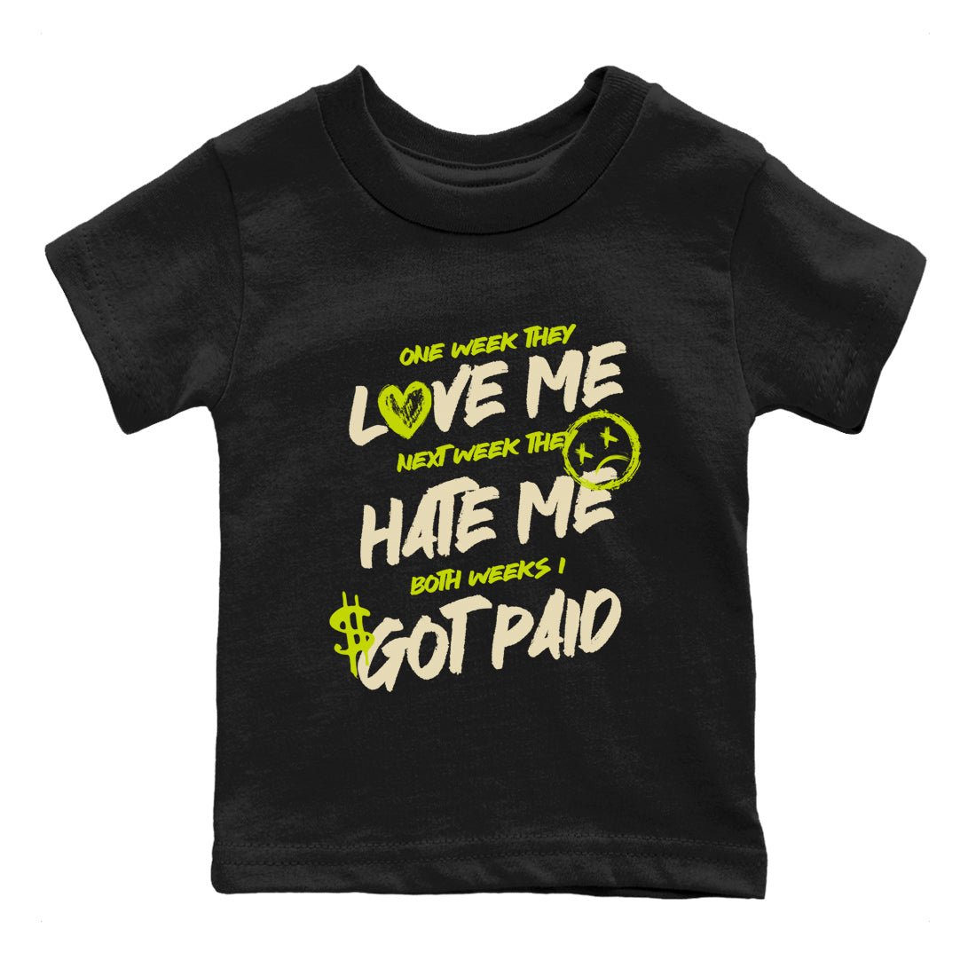 I Got Paid baby and kids t-shirt crafted for little sneakerheads to shine with the Jordan Jumpman Jack Travis Scott Bright Cactus sneakers, displayed in Black 2.