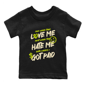 I Got Paid baby and kids t-shirt crafted for little sneakerheads to shine with the Jordan Jumpman Jack Travis Scott Bright Cactus sneakers, displayed in Black 2.
