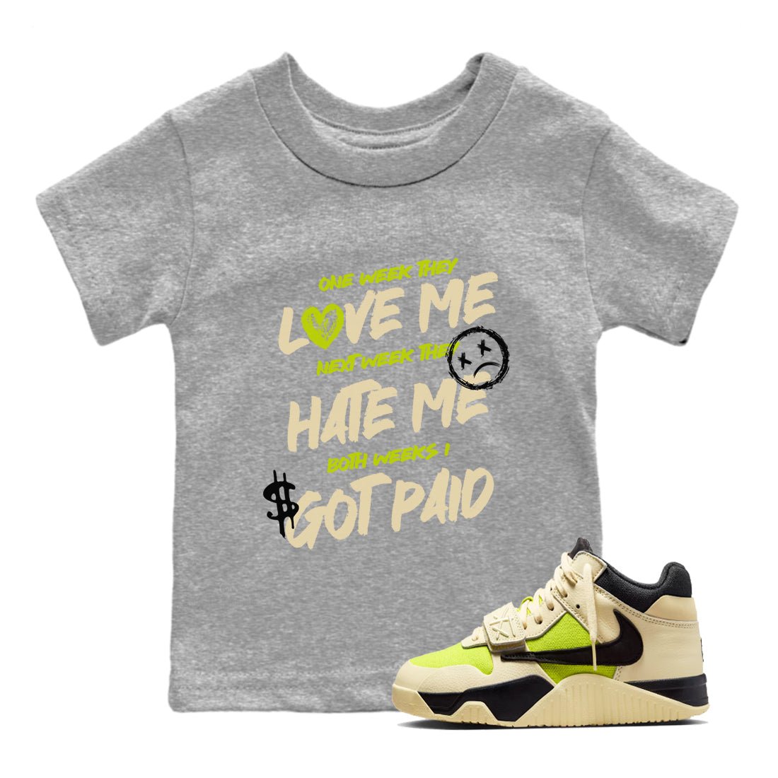 I Got Paid baby and kids t-shirt crafted for little sneakerheads to shine with the Jordan Jumpman Jack Travis Scott Bright Cactus sneakers, displayed in Heather Grey 1.