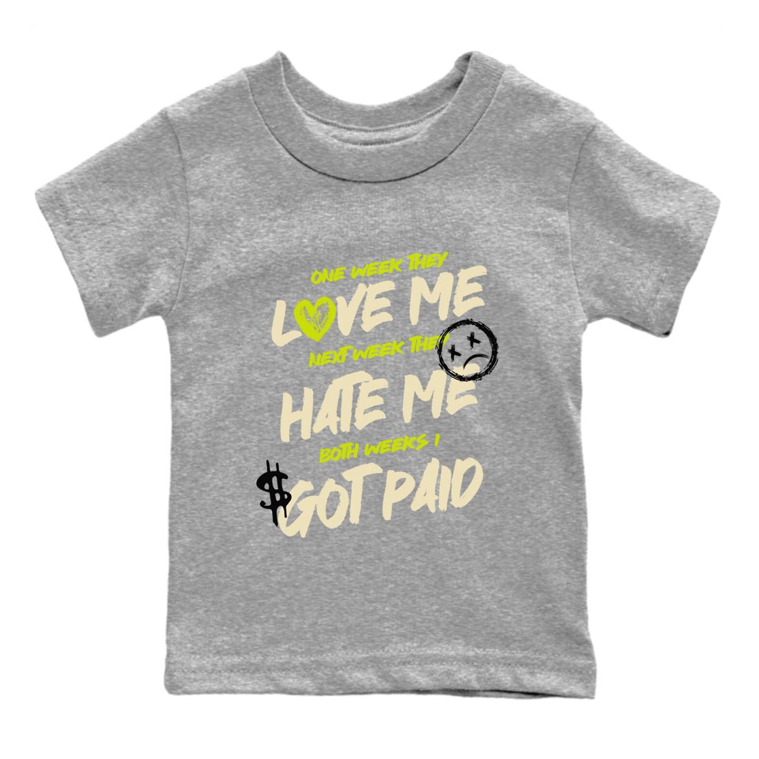 I Got Paid baby and kids t-shirt crafted for little sneakerheads to shine with the Jordan Jumpman Jack Travis Scott Bright Cactus sneakers, displayed in Heather Grey 2.