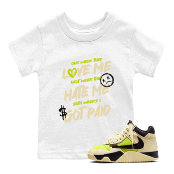 I Got Paid baby and kids t-shirt crafted for little sneakerheads to shine with the Jordan Jumpman Jack Travis Scott Bright Cactus sneakers, displayed in White 1.
