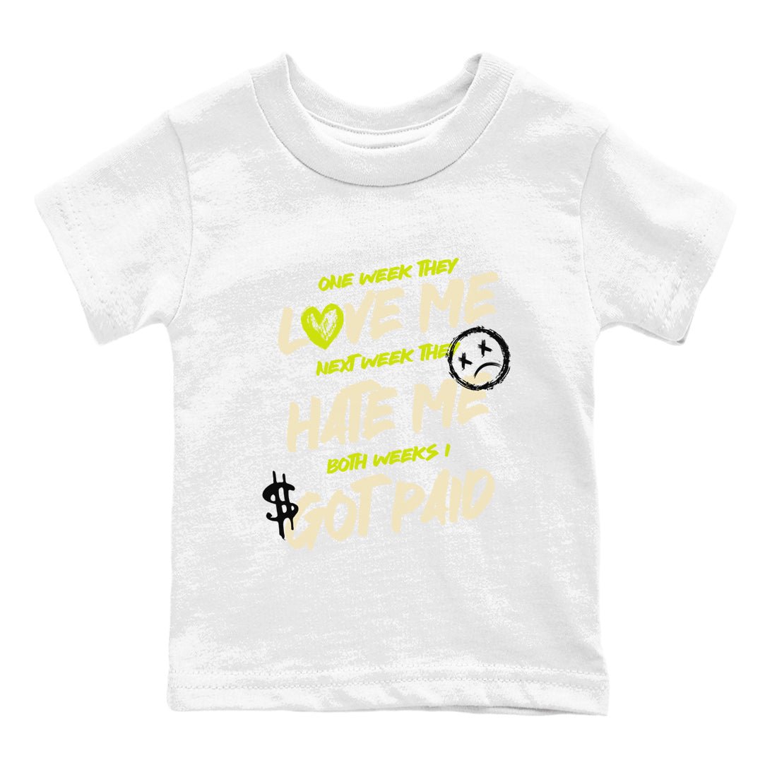 I Got Paid baby and kids t-shirt crafted for little sneakerheads to shine with the Jordan Jumpman Jack Travis Scott Bright Cactus sneakers, displayed in White 2.