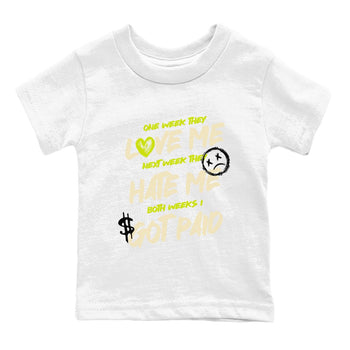 I Got Paid baby and kids t-shirt crafted for little sneakerheads to shine with the Jordan Jumpman Jack Travis Scott Bright Cactus sneakers, displayed in White 2.