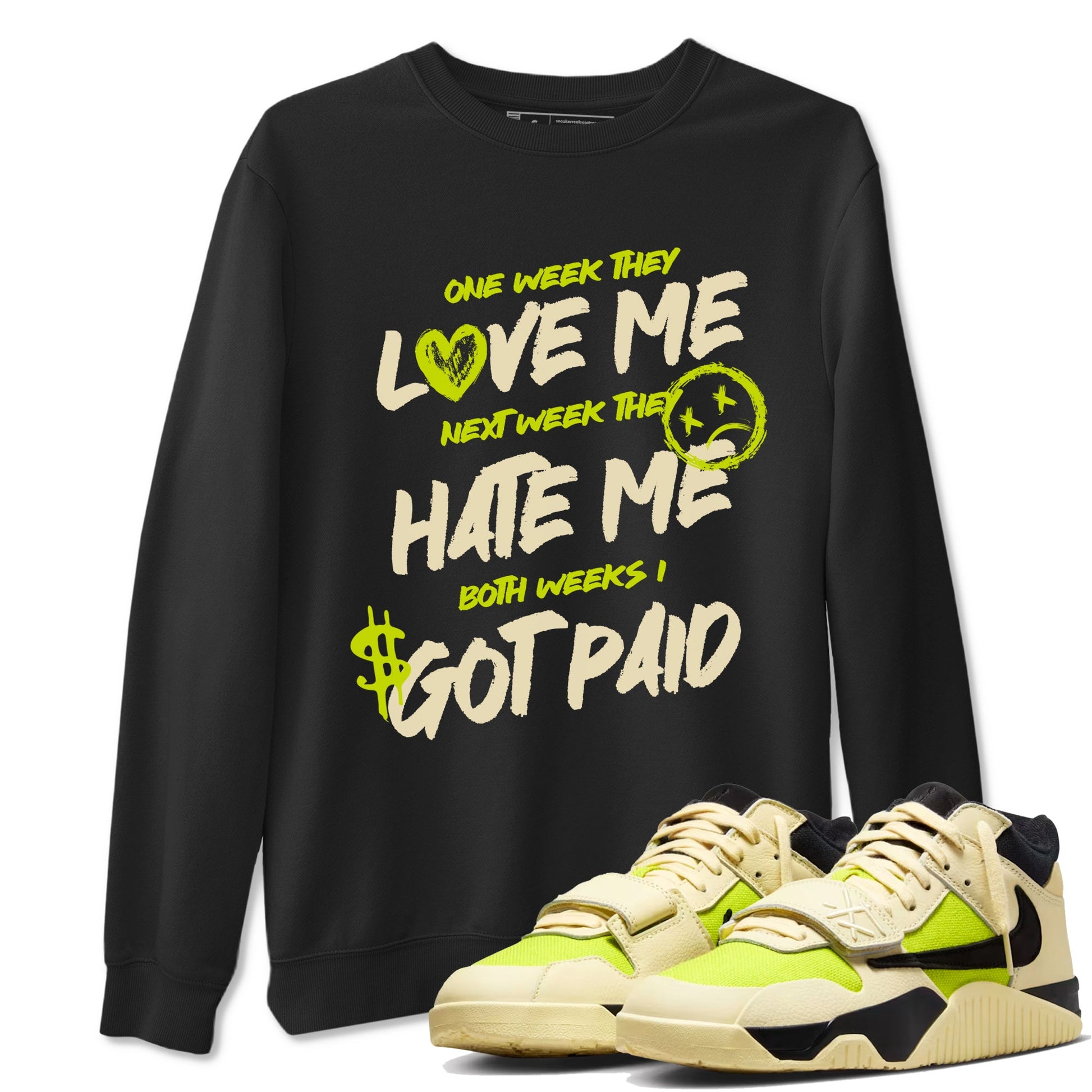 I Got Paid sneaker match t-shirt styled to complete your fit with the Jordan Jumpman Jack Travis Scott Bright Cactus sneakers, shown in Black 1.