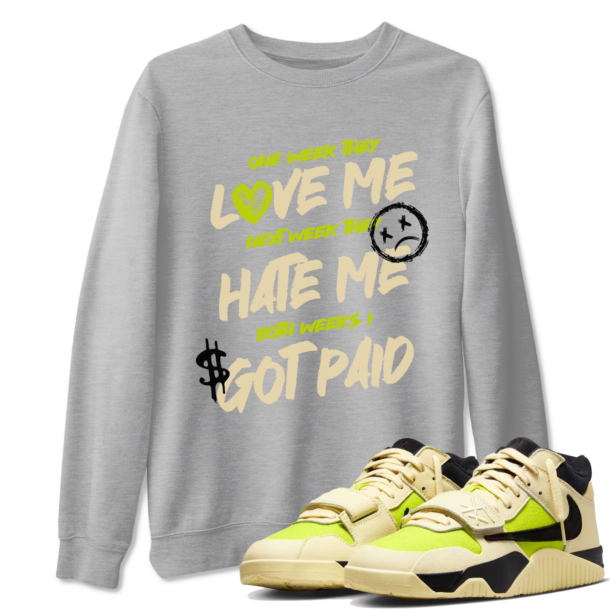 I Got Paid sneaker match t-shirt styled to complete your fit with the Jordan Jumpman Jack Travis Scott Bright Cactus sneakers, shown in Heather Grey 1.