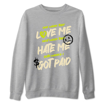 I Got Paid sneaker match t-shirt styled to complete your fit with the Jordan Jumpman Jack Travis Scott Bright Cactus sneakers, shown in Heather Grey 2.